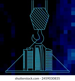 Concepto de la industria de trabajo de construcción sobre fondo poligonal azul oscuro. Logotipo de construcción de edificios en estilo neón. Grúa y edificios logo Plantilla para su diseño. Ilustración vectorial EPS10.