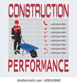 Construction. Working man. Composition a working, grinder for concrete and hand tools. Design for poster: construction, jobs, labor safety, instructions. Vector image.