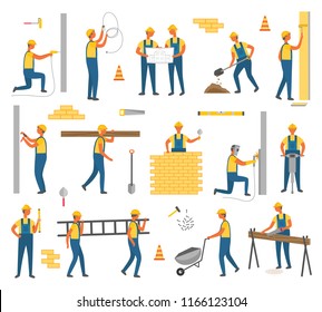 Construction and working plan need to be done. Workers isolated icons set, people with helmet building walls, using helmet and perforator tools vector
