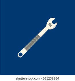 Construction working tool item. Wrench logo isolated on blue background. Vector illustration.