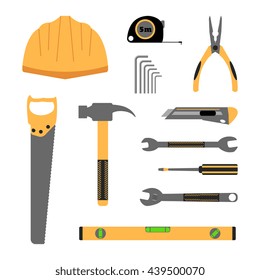 Construction working tools icon set: helmet, roulette, hammer, wrench, pliers, level measure, saw building, roulette measure, allen key. Vector illustration isolated on white background.