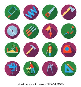 Construction working tools icons or stickers set of carpentry and Woodworking flat vector illustration