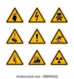 Construction Workplace Danger Signs. Yellow Restrictive Dangerous / Deathly Icon Set / Collection. Electric, Toxic & Mechanical Danger Vector Illustration.