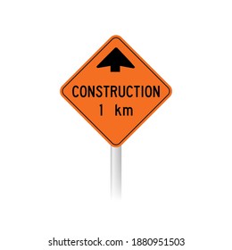 Construction works 1 km temporary condition sign. Canada Ontario road signs.