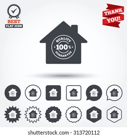 Construction works. 100% quality guarantee sign icon. Premium quality symbol. Circle, star, speech bubble and square buttons. Award medal with check mark. Thank you. Vector