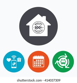 Construction works. 100% quality guarantee sign icon. Premium quality symbol. Mobile payments, calendar and wifi icons. Bus shuttle.