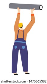 Construction works and building, man with balk, tube or pipe vector. Installation work, urban architecture, worker in hardhat and overalls. Man carrying plastic beam, isolated male character