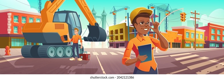 Construction works in city, worker and architect with plan on site with excavator and building cranes on street road with zebra. Engineering architecture project in town, Cartoon vector illustration