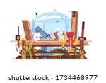 Construction works in country house vector illustration. Woodwork with jack-plane, bench vise, hammer and measuring tape flat style concept. Wooden parts of room or building