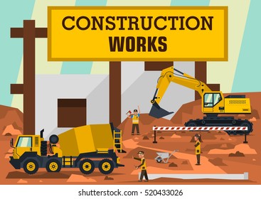 Construction works. A group of engineers, workers construct the building. Special and heavy machinery. Concrete mixer and excavator. Are dripping ground. Vector illustration. Flat style