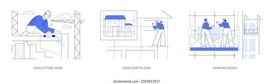 Construction works at height abstract concept vector illustration set. High-altitude work, using scaffolding, working cradle, building process, work safety, commercial property abstract metaphor.