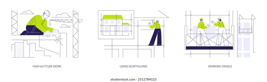 Obras de construcción en altura concepto abstracto conjunto de Ilustración vectorial. Trabajo a gran altitud, utilizando andamios, cuna de trabajo, proceso de construcción, seguridad en el trabajo, metáfora abstracta de propiedad comercial.