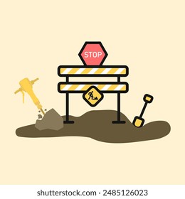Construction works icon. Road warning sign vector. icon for error on a website page. Set of construction equipment and protection.Prohibitory construction fence icon. Danger barrier vector.