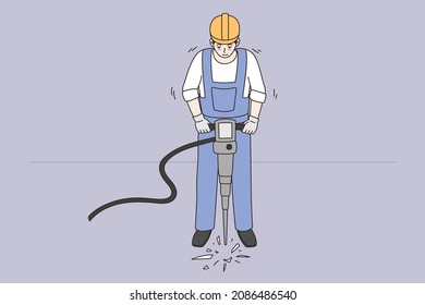 Trabajos de construcción y concepto de industria. Trabajador masculino con casco y uniforme azul suelo permanente de perforación con ilustración vectorial de máquina especial 