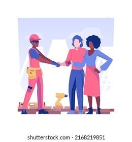 Construction works isolated concept vector illustration. Smiling customers talking to foreman, real estate business, brokerage company, construction works agreement vector concept.