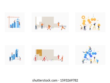 Construction works set. Workers constructing mechanism, wall, launching rocket. Flat vector illustrations. Building, startup, teamwork concept for banner, website design or landing web page