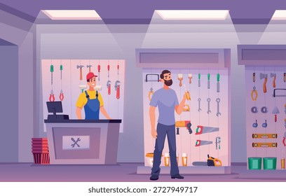Interior da oficina de construção. Clientes que compram ferramentas de construção em mercados específicos de reparação de oficina vendedores exatos de vetor consultam clientes