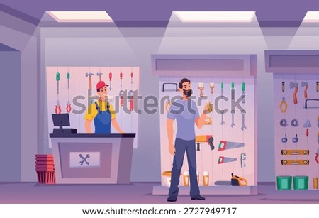 Construction workshop interior. Customers buying construction tools in specific workshop repair marketplace exact vector sellers consult clients