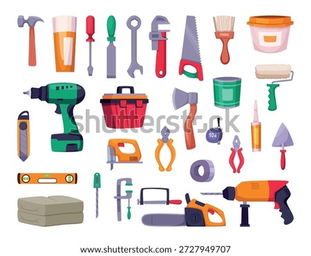 Construction workshop. Sellers and clients in repair service buying repair tools exact vector cartoon set