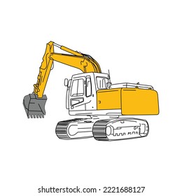 Baugelber Bagger. Vektorgrafik, Linienkontur auf weißem, isoliertem Hintergrund. Skizzenstil, Symbol, Minimalismus