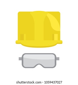 Construction yellow helmet and protective glasses or goggles flat vector icons isolated on white background. Industrial equipment for worker protection illustration