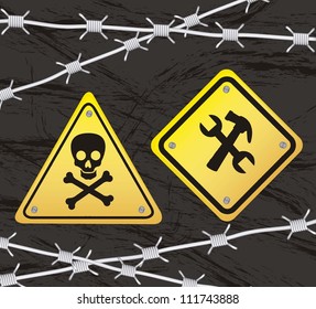 construction yellow sign with barbed wire over black background. vector