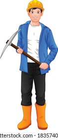 joven trabajador de construcción con mattock