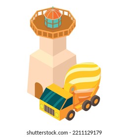 Construction Zone Icon Isometric Vector. Concrete Mixer Truck Near Lighthouse. Building, Repair, Reconstruction