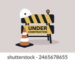 A construction zone is marked with a safety sign, cone, and hard hat