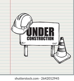 A construction zone is marked with a safety sign, cone, and hard hat