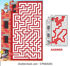 Construction zone. Masons are building multilevel building. Help to one of them to find a path up. Labyrinth for kids. Portrait, hard.
