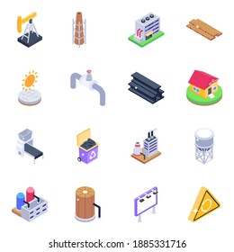 
Material Constructivo y almacenamiento de agua Isometric Icons 