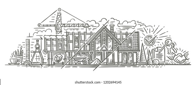 Construction/building process illustration. Building house stages, phases. Drawing. Vector. Isolated.