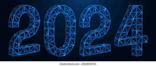 Constructions in the form of numbers 2024. Polygonal design of lines and dots. Blue background.