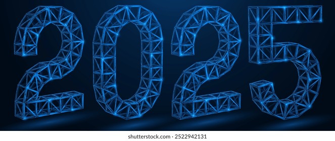 Constructions in the form of numbers 2025. Polygonal design of interconnected lines and dots. Blue background.