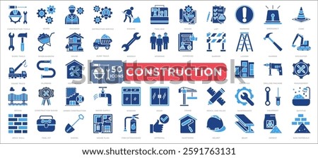 constructions icon collection set. Containing construction tools,gears,engineer,contruction service,digging,Tool Box,Design,List,warning,emergency,cone,work tools,Wheelbarrow icon. Simple line vector.