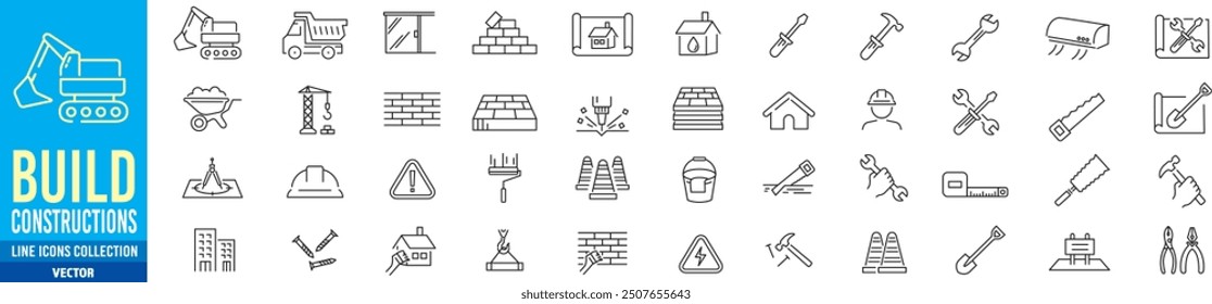 Constructions icon set. Build, repair, building, worker, architecture, plan, wall, editable stroke line icon collection vector illustration