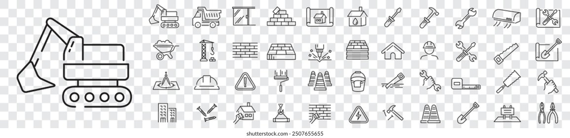 Constructions icon set. Build, repair, building, worker, architecture, plan, wall, editable stroke line icon collection vector illustration