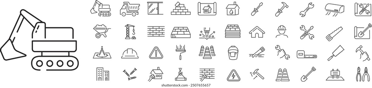 Constructions icon set. Build, repair, building, worker, architecture, plan, wall, editable stroke line icon collection vector illustration