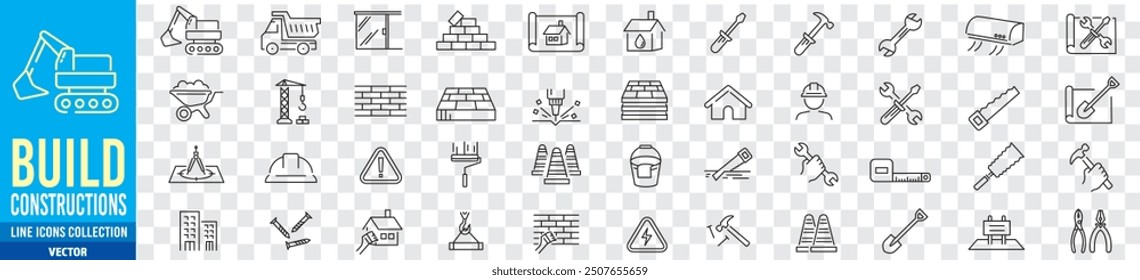 Constructions icon set. Build, repair, building, worker, architecture, plan, wall, editable stroke line icon collection vector illustration