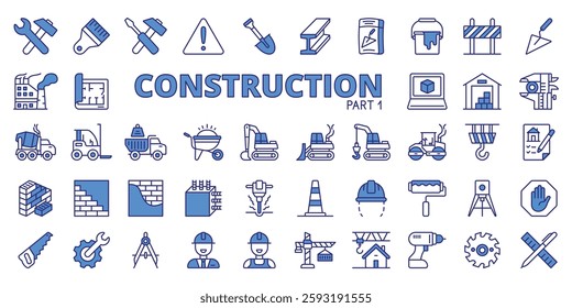 Constructions icons in line design blue, part 1. Construction, building, architecture, engineering, contractor, site, infrastructure on white background vector. Constructions editable stroke icons
