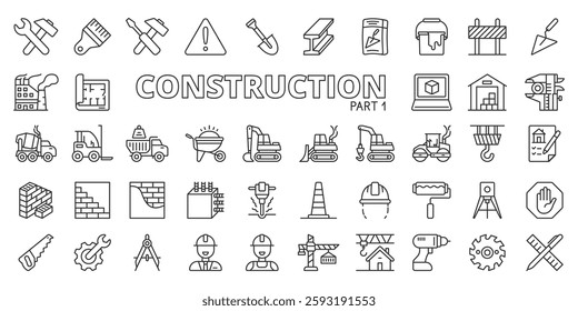 Constructions icons in line design, part 1. Construction, building, architecture, engineering, contractor, site, infrastructure on white background vector. Constructions editable stroke icons