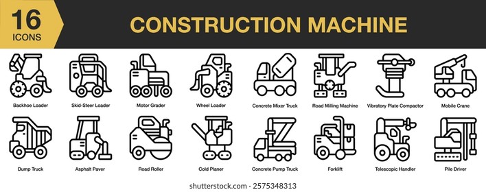 Constructions Machine icon set. Includes equipment, construction, industry, machinery, and More. Outline icons vector collection.