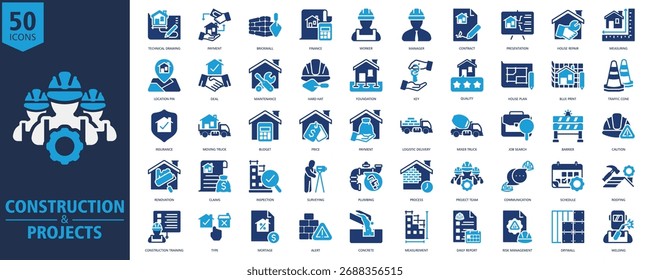 Constructions and Project Icon Set Glyph Duotone with technical drawing, payment, brick wall, finance, worker, manager, contract, presentation, house repair
