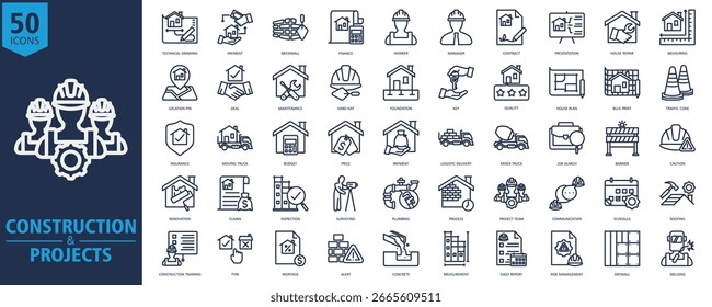 Construcciones y proyecto Icon Set Esquema con dibujo técnico, pago, pared de ladrillo, finanzas, trabajador, gerente, contrato, presentación, reparación de la casa
