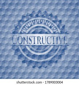Emblema o placa azul constructiva con fondo de patrón geométrico. Ilustración vectorial. Detallado. 