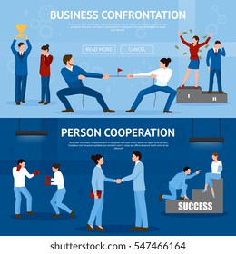 Constructive business confrontation and productive cooperation for success 2 flat horizontal banners website design isolated vector illustration 