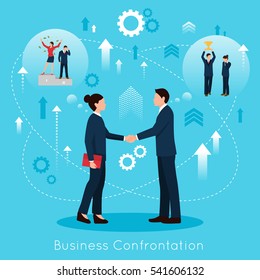 Constructive business confrontation for productive partnership concept flat symbolic composition poster with agreement handshake vector illustration 