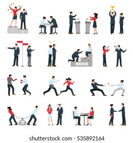 Constructive confrontations in business specific situations as way for success symbols flat icons collection isolated vector illustration 