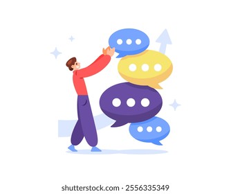 constructive criticism concept. accepting suggestions to develop oneself. accepting criticism for self-introspection and continuing to develop. illustration of a man compiling incoming messages. flat 